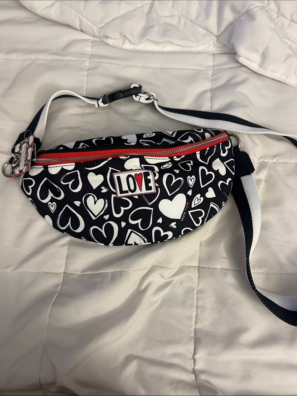 Brighton LOVE Heart-Print Black & White Crossbody with Red Zip